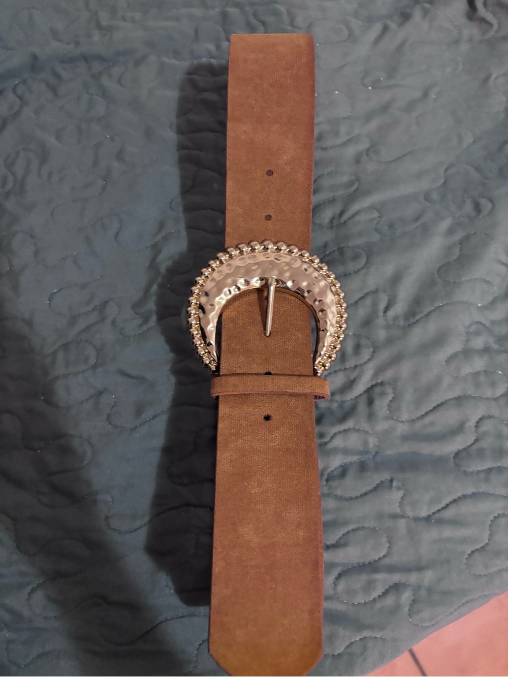 SHEIN Brown Suede Belt with Decorative Gold-Tone Beaded Buckle